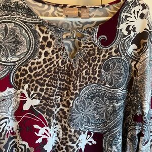 Chico's Burgundy, Brown & Black Paisley-Leopard Keyhole Tunic